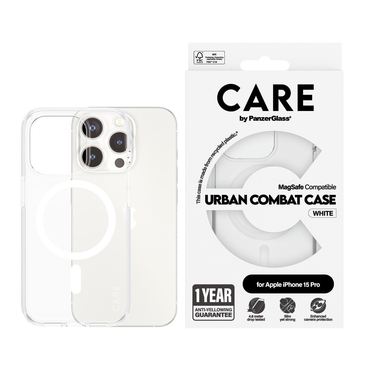 CARE by PanzerGlass® Urban Combat Case Transparent w. White MagSafe iPhone 15 Pro